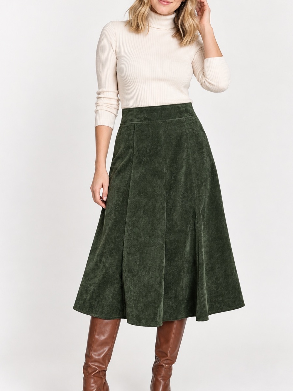 NorthStyle Green Corduroy A-Line Midi Skirt Size 10 Stretch Fall Cottagecore